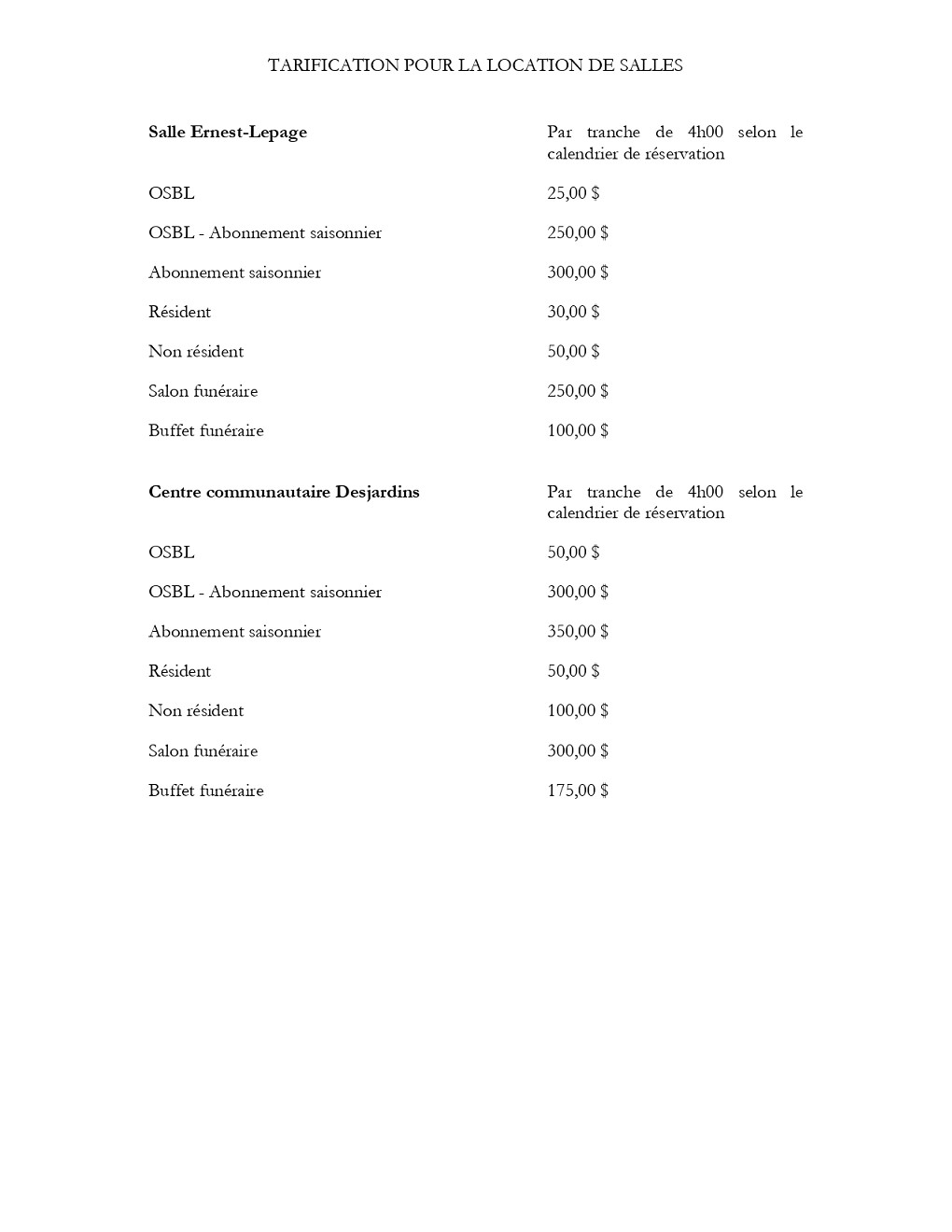 Tarification des locations de salles