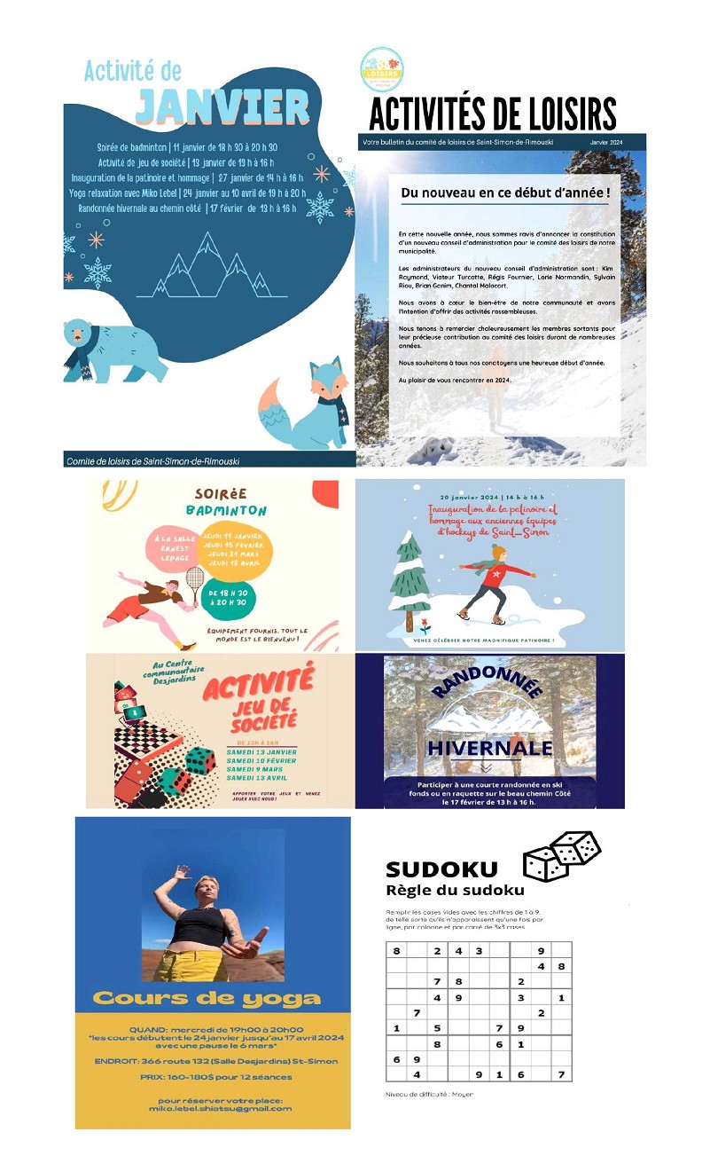 Calendrier activités Loisirs Municipalité de SaintSimondeRimouski